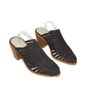 1. STATE Liche  Bohemian Black Woven Leather Block Heel Mule Sandal Heels Size 9